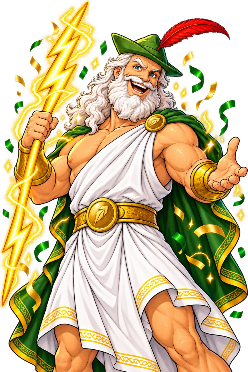 ROBINGOD laughing in a green Robin Hood hat, holding golden lightning